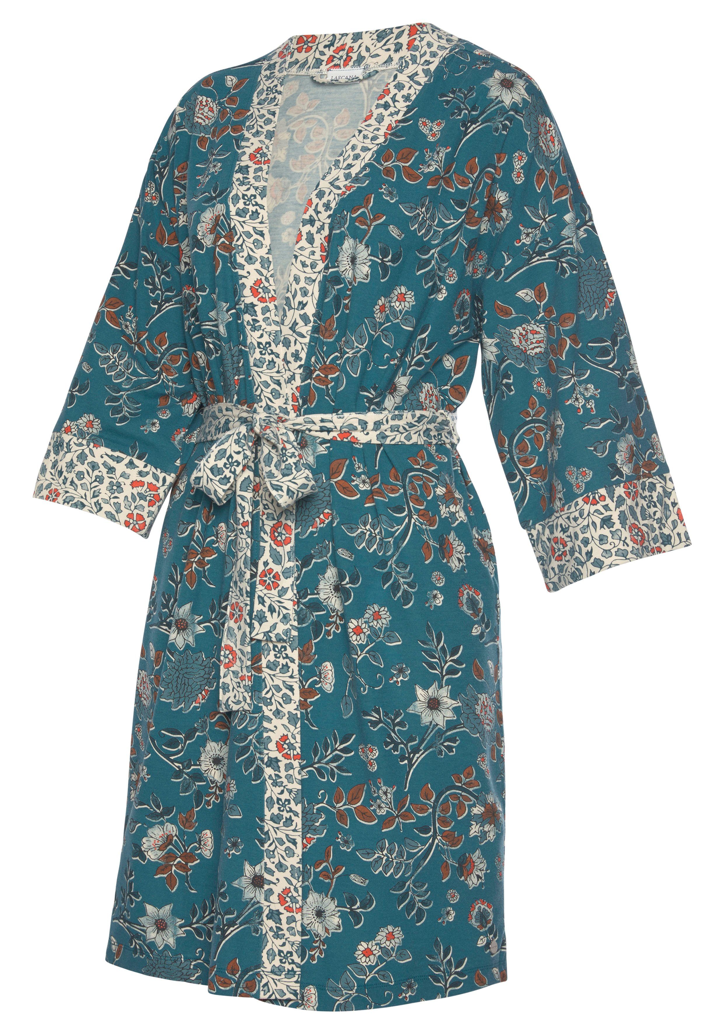 LASCANA Kimono, Kurzform, Jersey, rauchblau-ecru Blumen Kimono-Kragen, mit Allover-Druck Gürtel