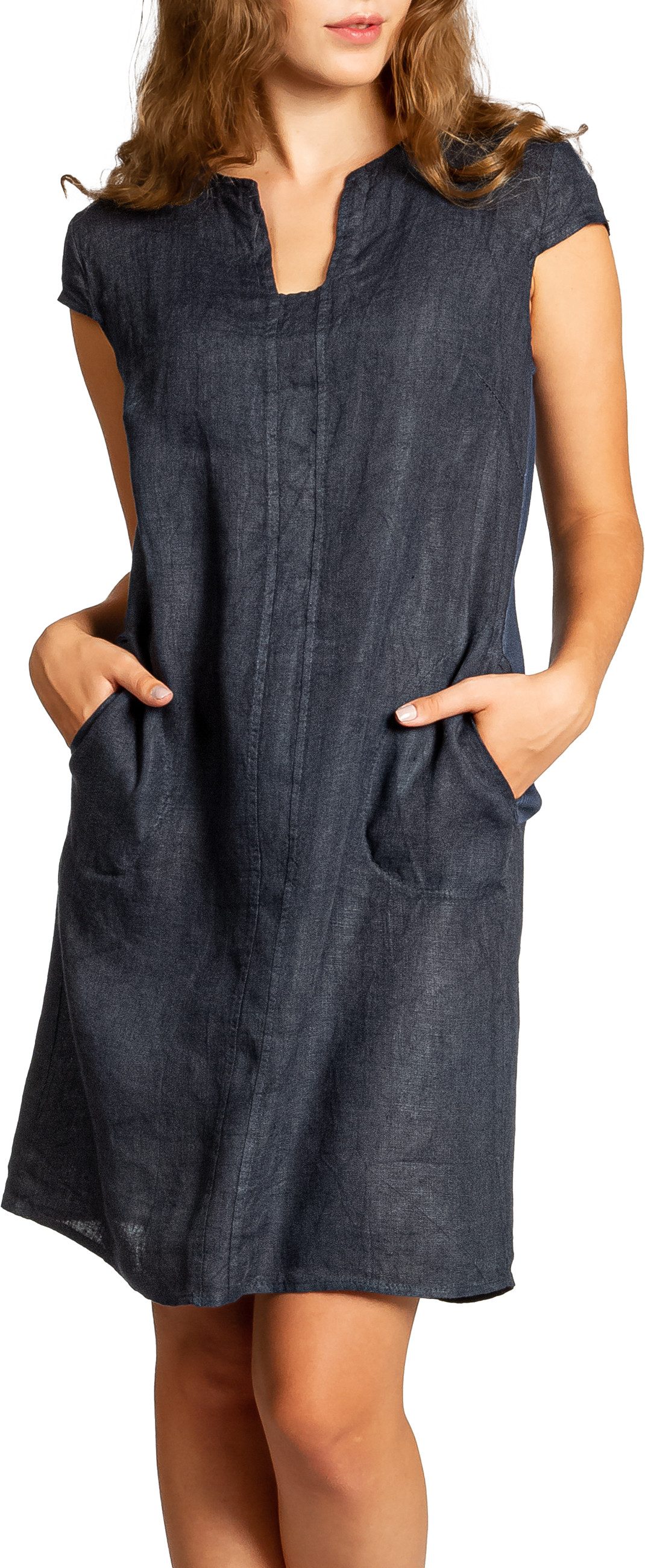 Caspar Sommerkleid Caspar SKL036 Damen Sommer Leinenkleid mit ausgefallenem Ausschnitt Luftig leicht, figurumspielende Form, mit seitlichem Jersey-Einsatz