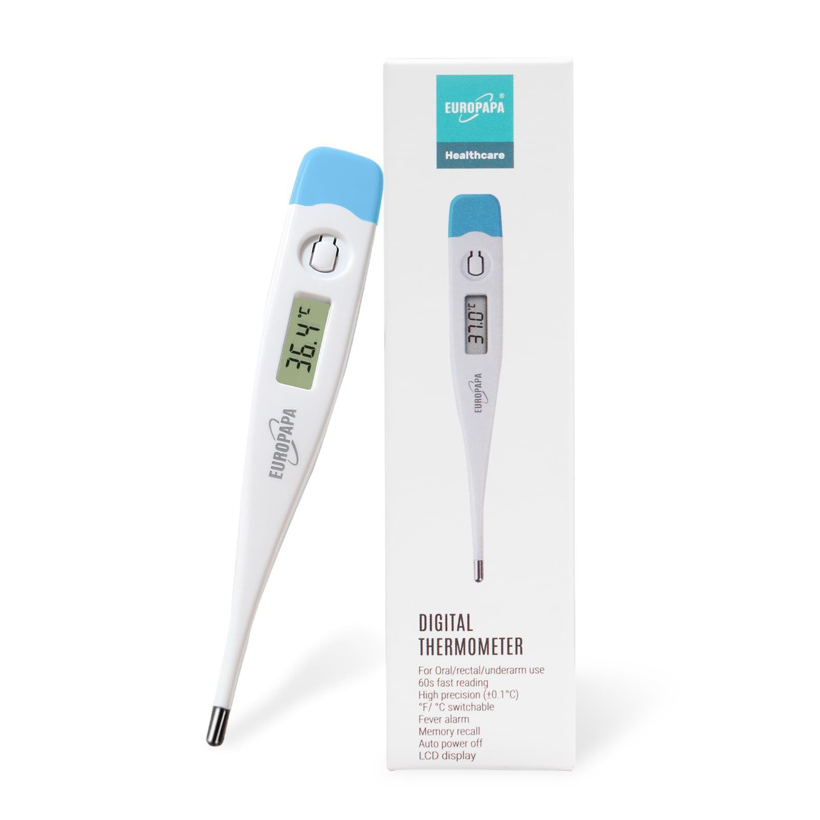 EUROPAPA Fieberthermometer Digitales Fieberthermometer für Babys, 1-tlg., Kinder und Erwachsene, Thermometer für oral, axillar oder rektal, wasserdicht mit Fieberalarm