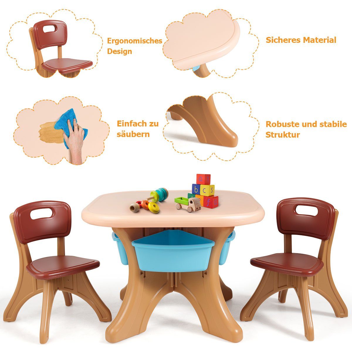 COSTWAY Kindersitzgruppe, mit 2 Stühlen&Kindertisch, Stauraum, mit Kunststoff Braun