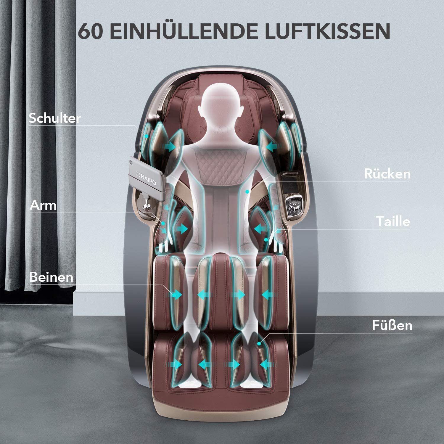 3D High-End GRAU-ROT Tablet, Massagesessel, NAIPO Raumkapsel-Design mit Massagestuhl