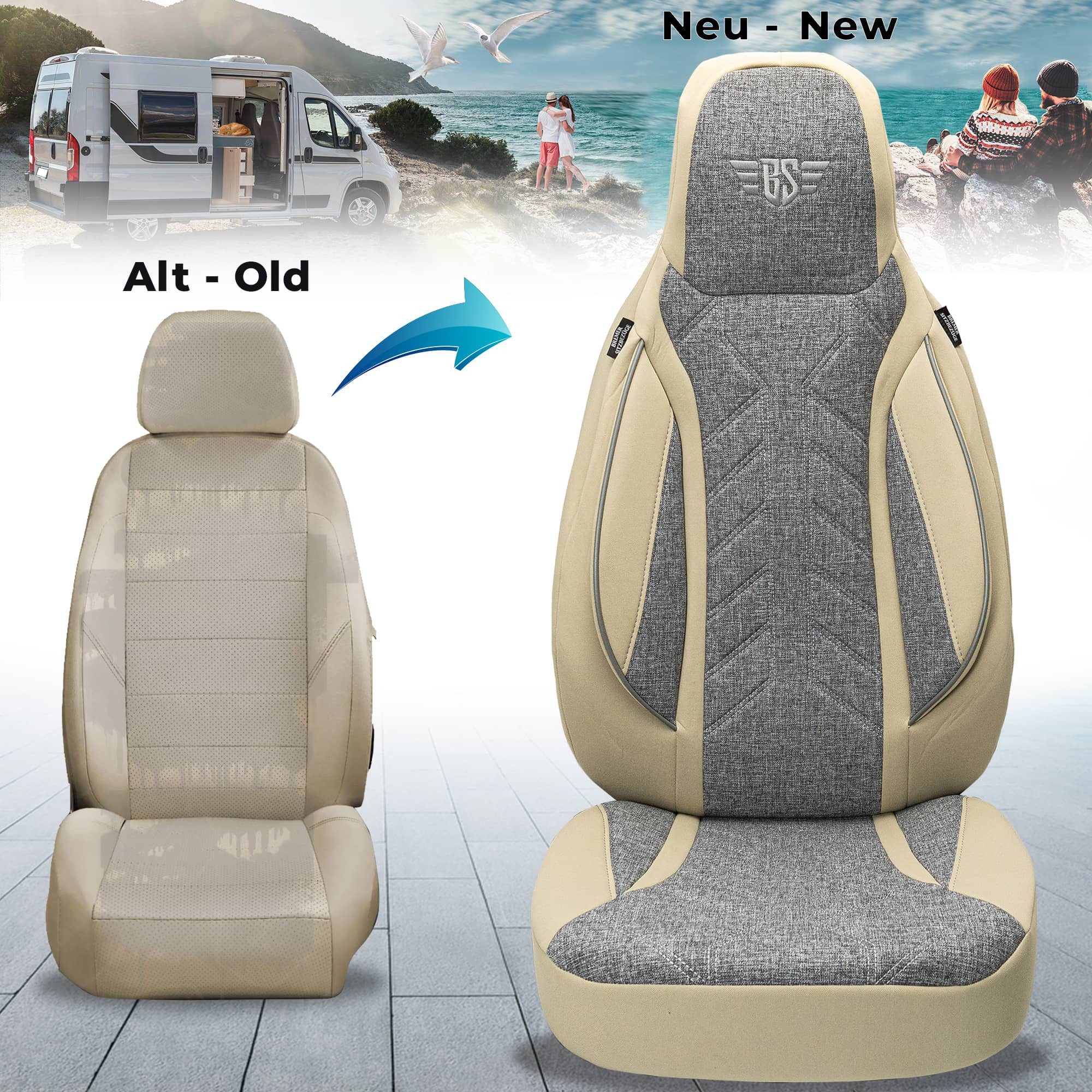 BREMER SITZBEZÜGE Autositzbezug für Chausson Van (PLKT209), Set, 2-tlg., Schonbezüge Sitzbezüge Fahrer und Beifahrer, in Grau/Beige