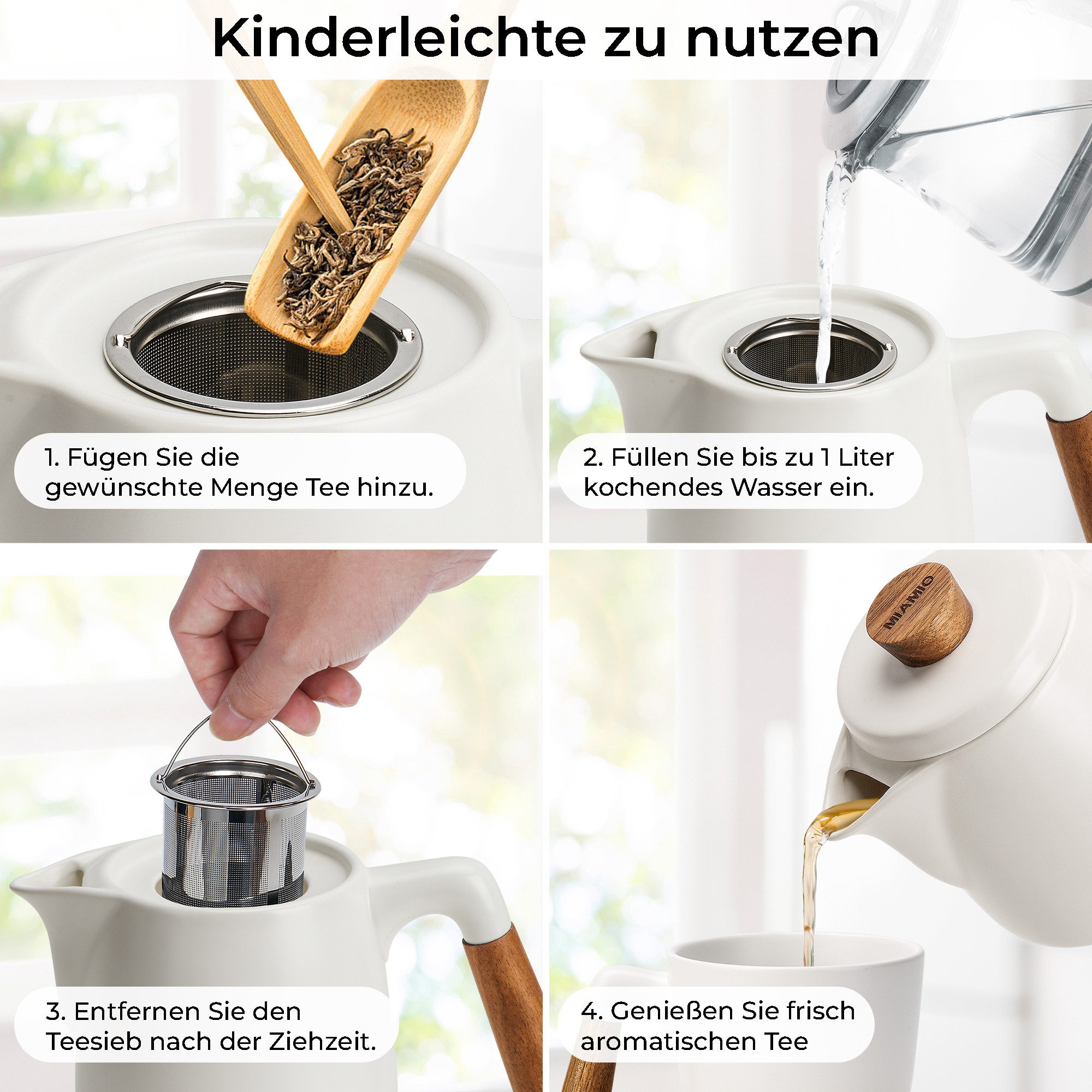 MiaMio Teeservice Teekanne mit Stövchen und Siebeinsatz, 1 l, Weiß (3-tlg), Keramik, mit Stövchen und Siebeinsatz, 1 l – Bild 4 von 5