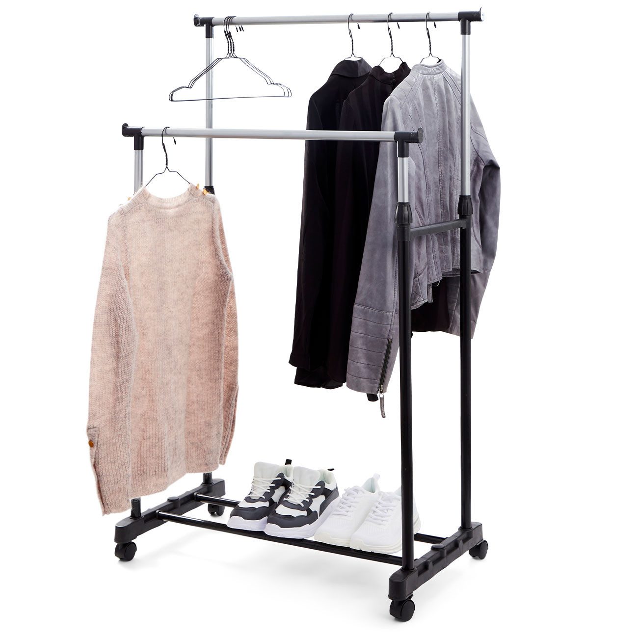 Home Line Kleiderständer Doppel-Kleiderständer auf Rollen, Höhenverstellbar, Metall, schwarz, Belastbarkeit bis 30kg/Höhe max. 155cm/360° drehbare Rollen