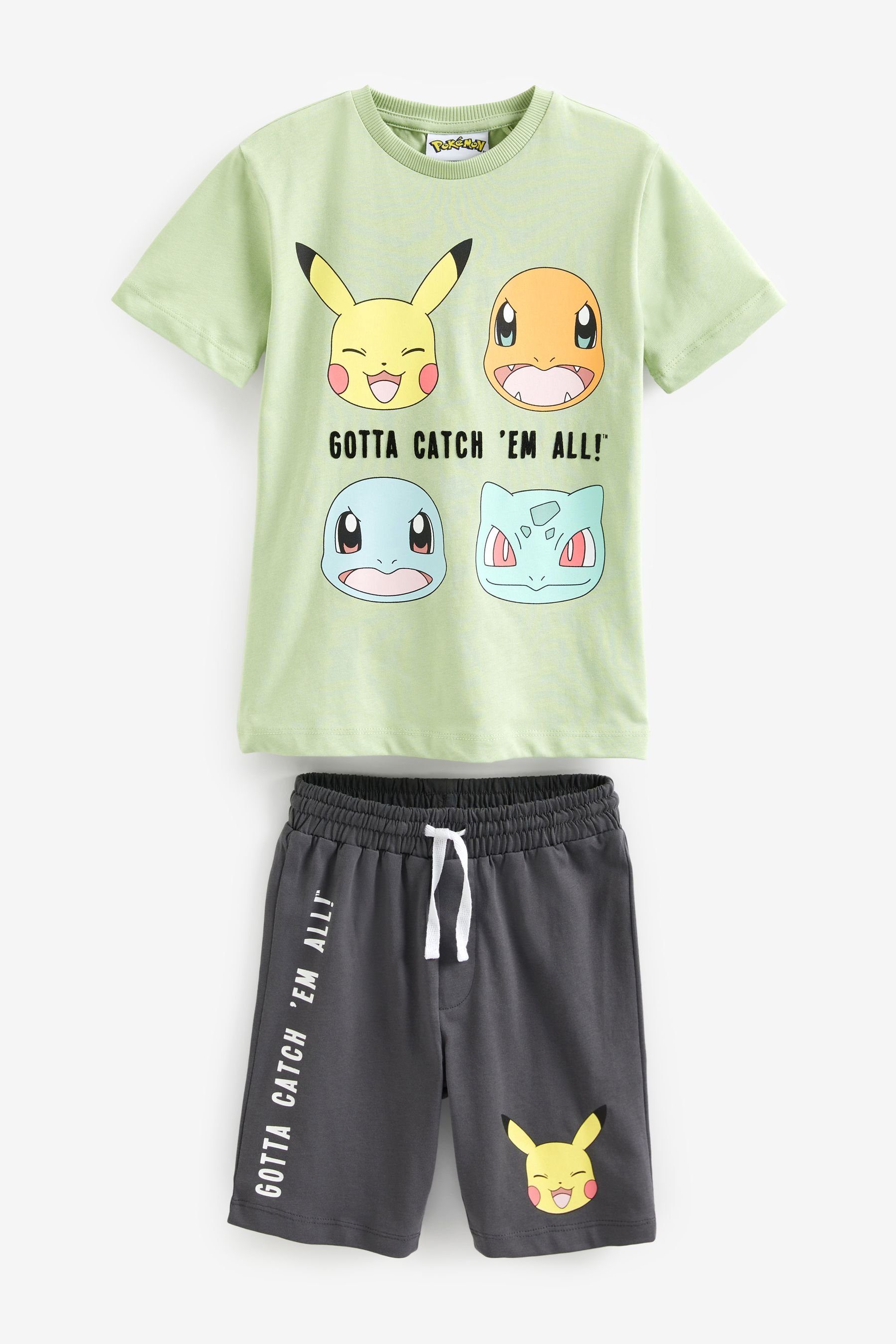 Next T-Shirt & Shorts Kurzärmeliges Lizenz-T-Shirt und Shorts im Set (2-tlg) Pokémon Green
