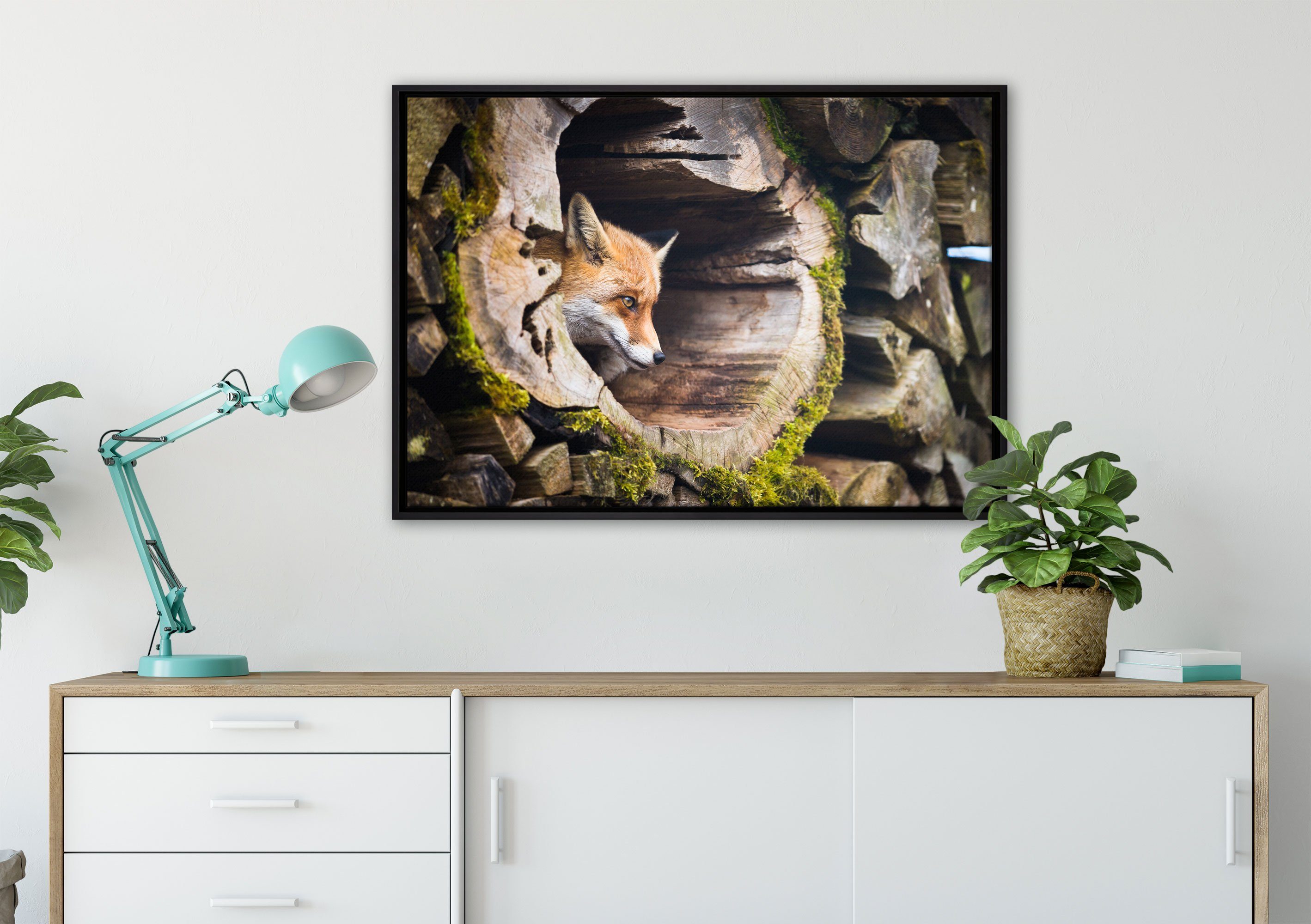Pixxprint Leinwandbild Fuchs im Baumstamm, in Leinwandbild einem inkl. (1 St), fertig bespannt, gefasst, Zackenaufhänger Schattenfugen-Bilderrahmen Wanddekoration