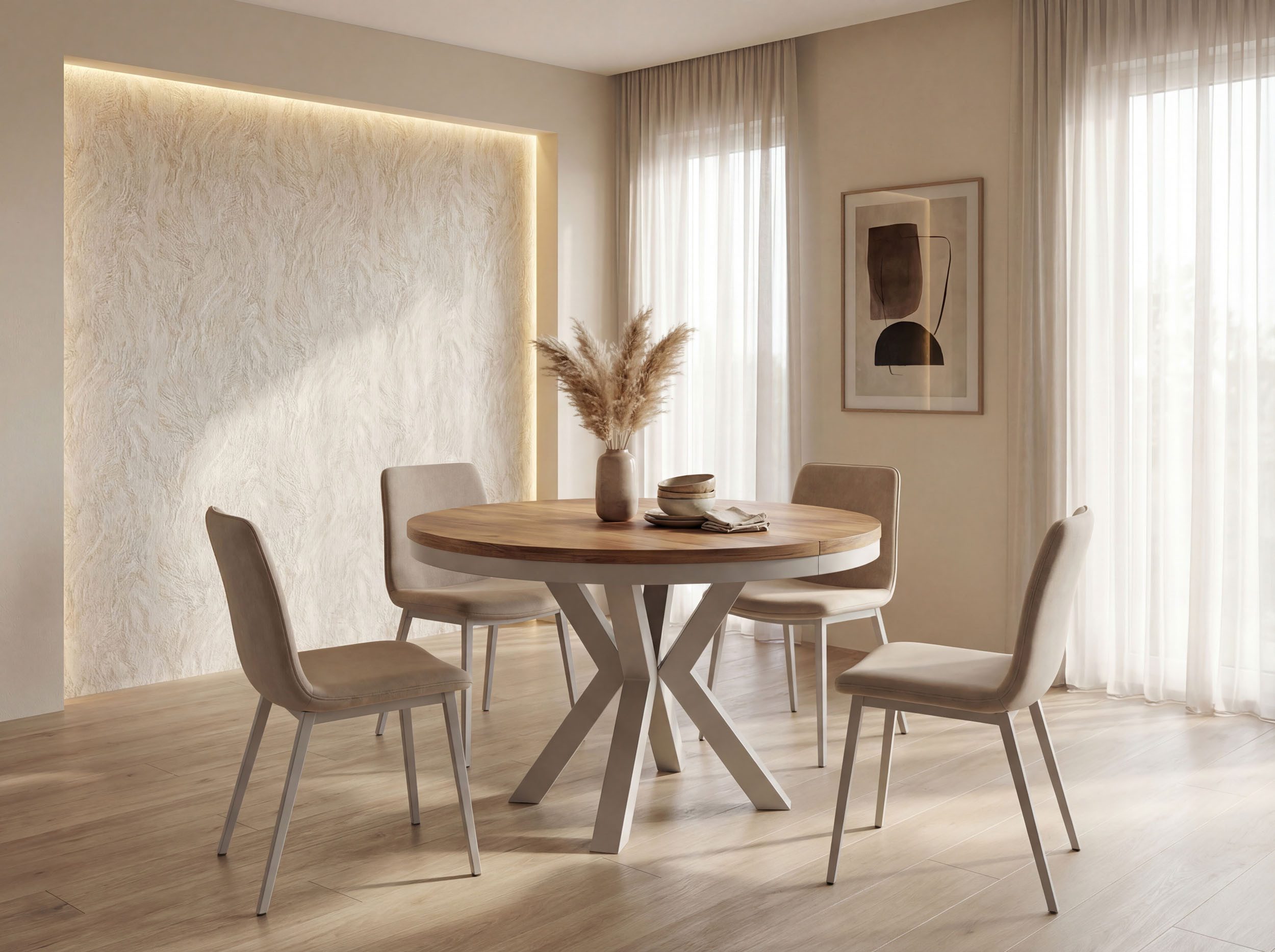WFL GROUP Esstisch Clara Grau-Beige Loft rund ausziehbar mit Grau-Beige Metallbeinen (MADE IN EU, erhältlich in zwei Größen – 100/120 cm, ausziehbar auf 180/200 cm), platzsparender Industrial Tisch in Holzoptik für Wohnzimmer oder Küche