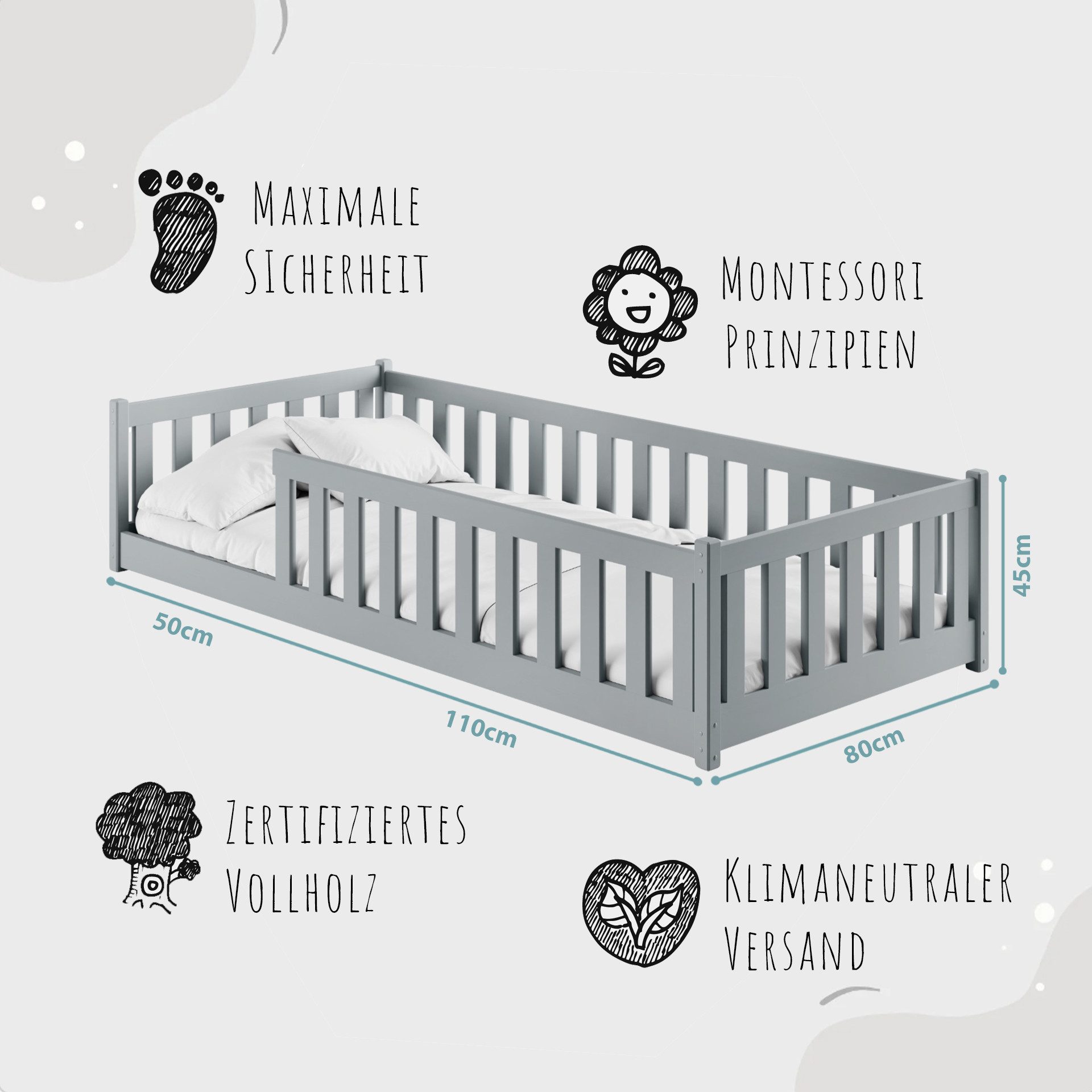 Kids Collective Kinderbett Bodenbett Bett mit Rausfallschutz & Lattenrost Montessori Bett Kinder (weitere Größen 80x180, 90x190, 90x200, 120x200, 140x200 cm), Jugendbett Einzelbett Aschgrau Kiefer 80x160 cm