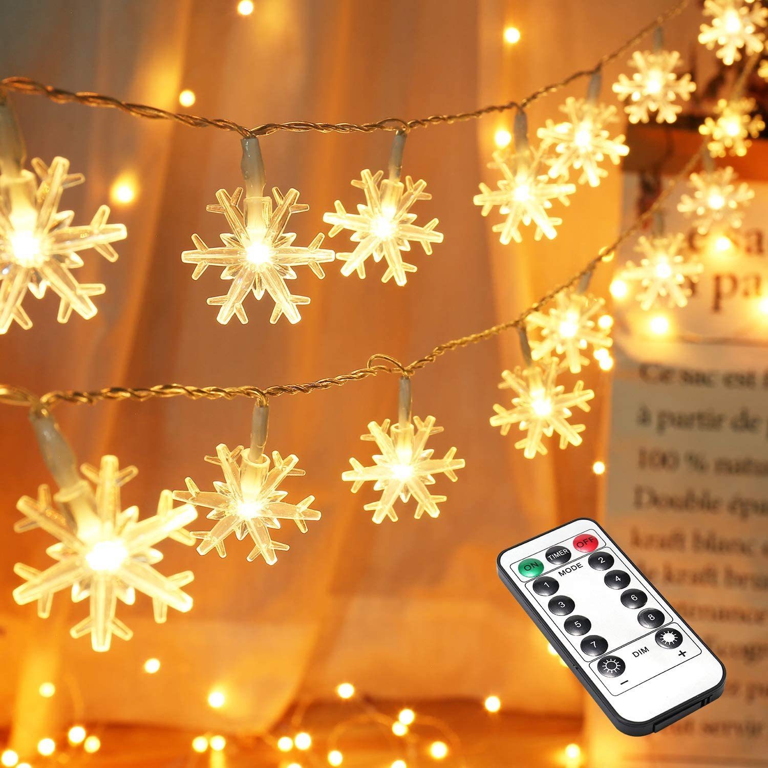 Oneid LED-Lichterkette 10m LED Schneeflocke mit Lichter,80 Fernbedienung Weihnachtslichter