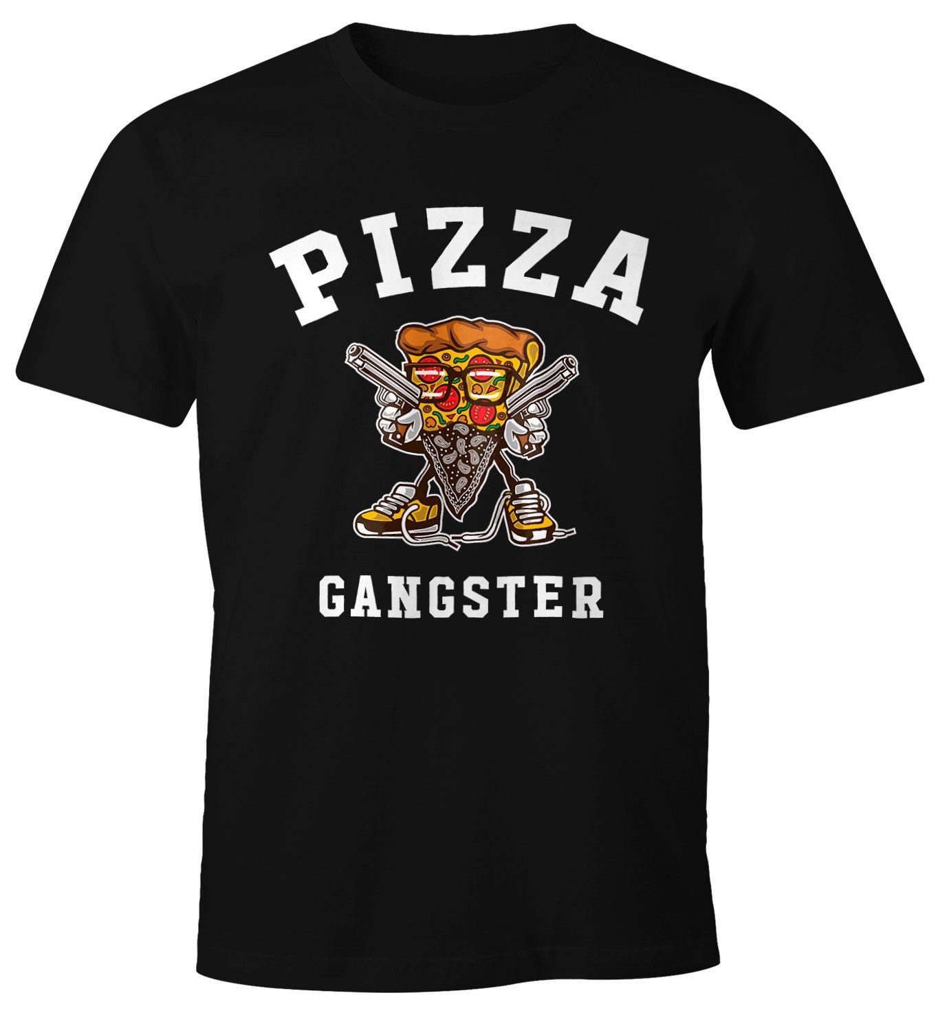 mit Print-Shirt Moonworks® Print Gangster schwarz Herren Fun-Shirt T-Shirt MoonWorks Pizza