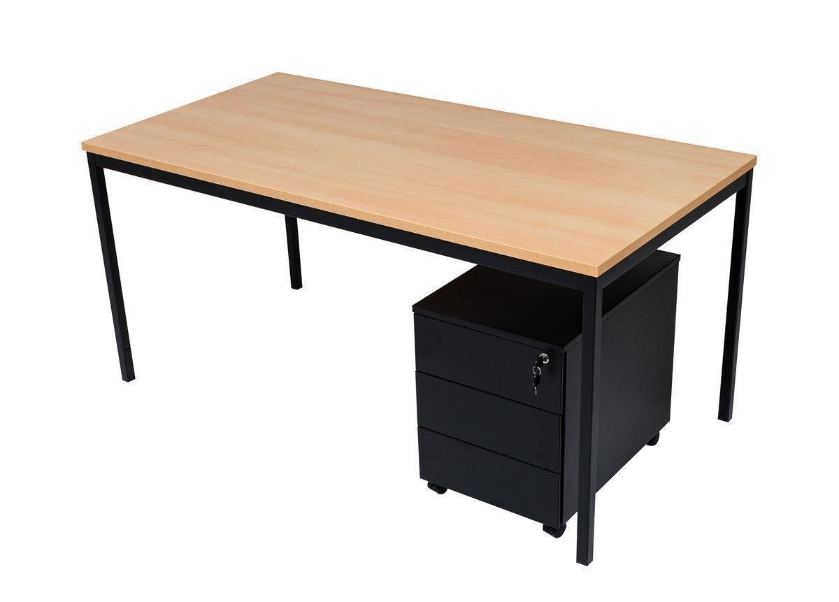 Furni24 Schreibtisch Schreibtisch und Stahl Schübe, 3 cm Buche, 200x80x75 Rollcontainer