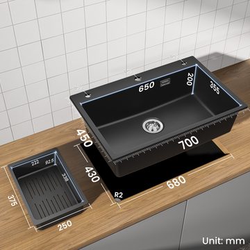 CECIPA pro Granitspüle Küchenspüle 70*45 Schwarz mit Seifenspender, Aufsatzwaschbecken, 70/45 cm, mit Abflusskorb, Schwarz spüle