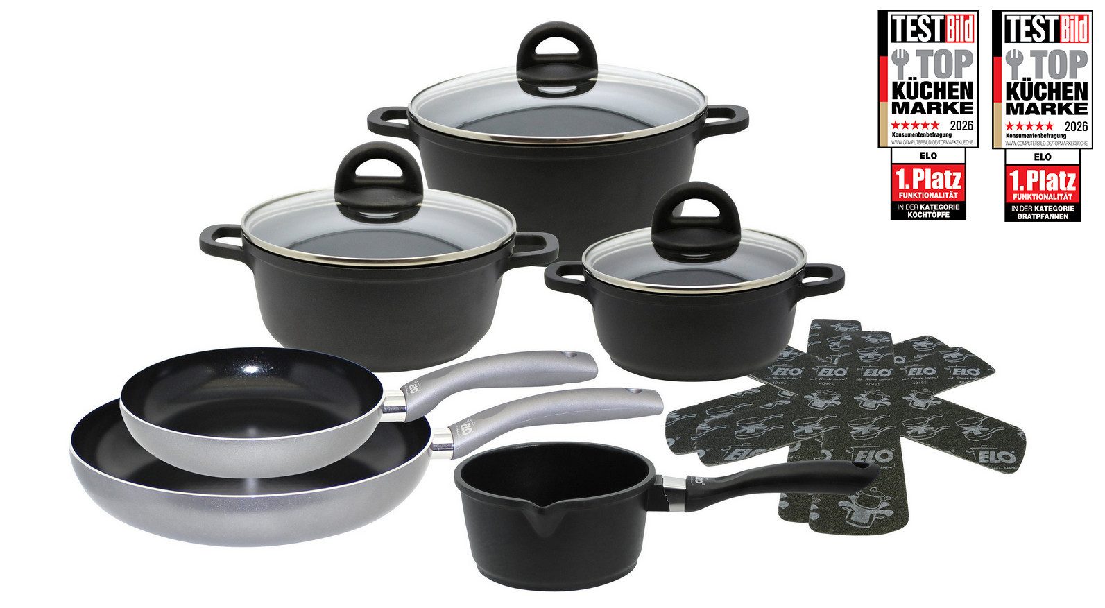 Elo Topf-Set Black, Ducato, Aluminiumguss (Set, 11-tlg., 3 Töpfe mit Deckel, 1 Stielkasserolle, 2 Bratpfannen, 2 Stapelschutz), mit hochwertiger Antihaftversiegelung, Induktion