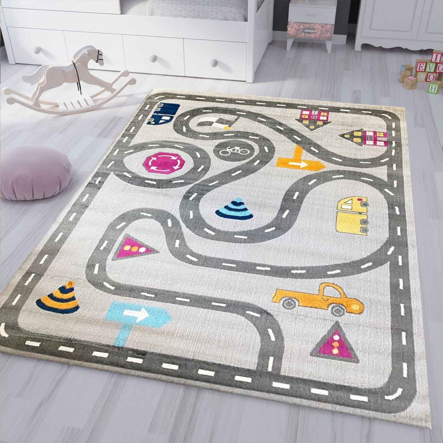 Vimoda Kinderteppich Mondol, Teppich Kinderzimmer mit Auto, Strasse Muster, Rechteckig, Höhe: 8 mm, Spielteppich für kinder, Auto und Straße Muster in Blau & Grau