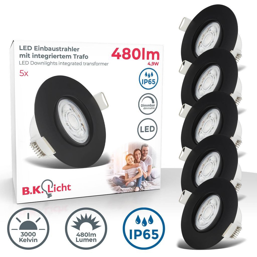 B.K.Licht LED Einbaustrahler 5er Set LED Bad-Einbauleuchten 230V flach dimmbar - BKL1572, Dimmfunktion, LED fest integriert, 2700K - Extra-Warmweiß, Deckenspots IP65 wasserfest schwenkbar 5W schwarz