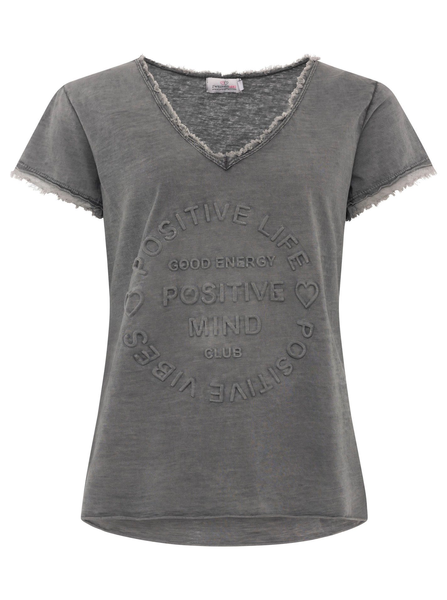 Zwillingsherz T-Shirt "Positive Mind" Fransen, V-Ausschnitt