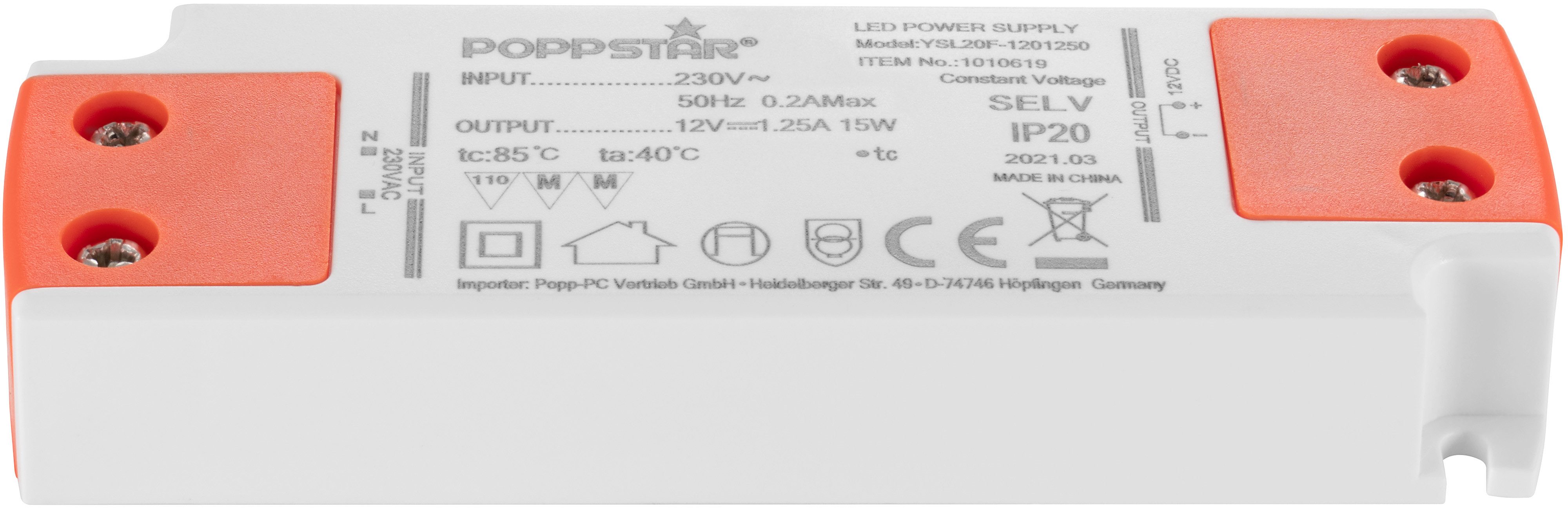 Poppstar Ultra flacher LED-Transformator 230V AC / 12V DC 1,25A LED Trafo (Slim LED Trafo 12 V (für 0,15 bis 15 Watt LEDs)