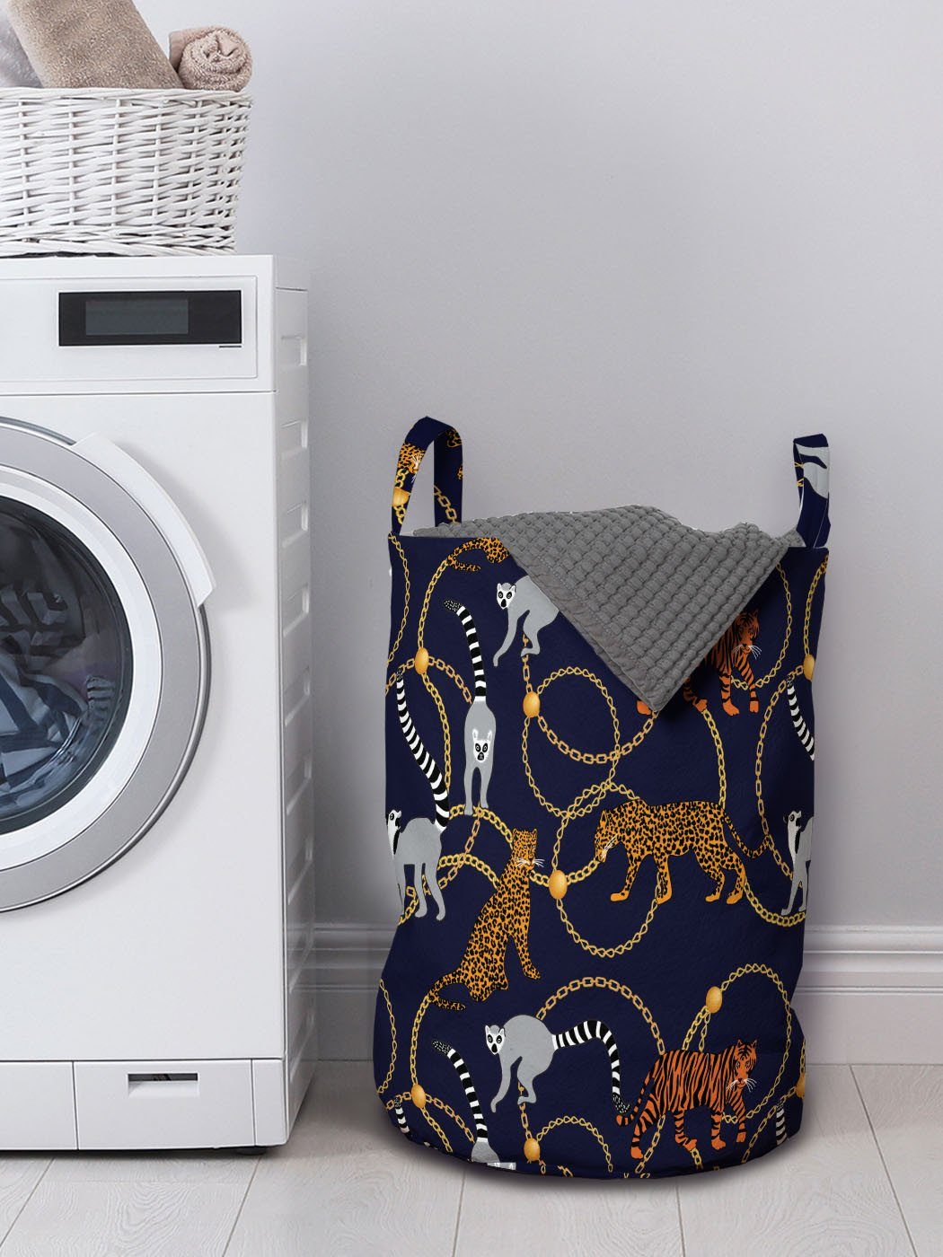 Abakuhaus Wäschesäckchen Wäschekorb mit Leopard Exotische Lemur Ketten Kordelzugverschluss für Waschsalons, Tiger Griffen