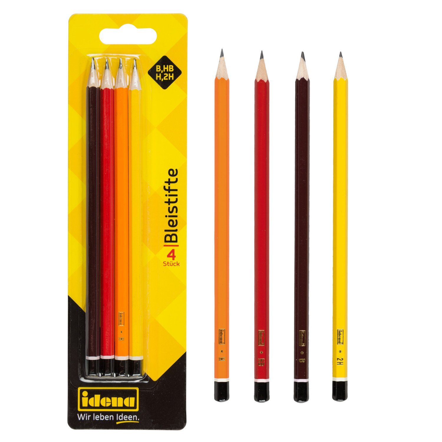 Idena Bleistift Idena Bleistifte H/HB/B/2H schwarz/rot/orange/gelb 4 Stück Blister