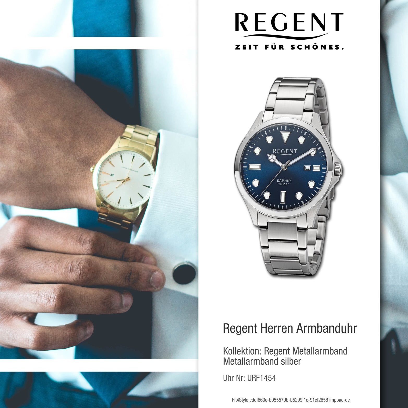 Regent Herrenuhr Regent rundes Metallarmband (ca. Quarzuhr extra Analog, 41mm) silber, Armbanduhr groß Gehäuse, Herren