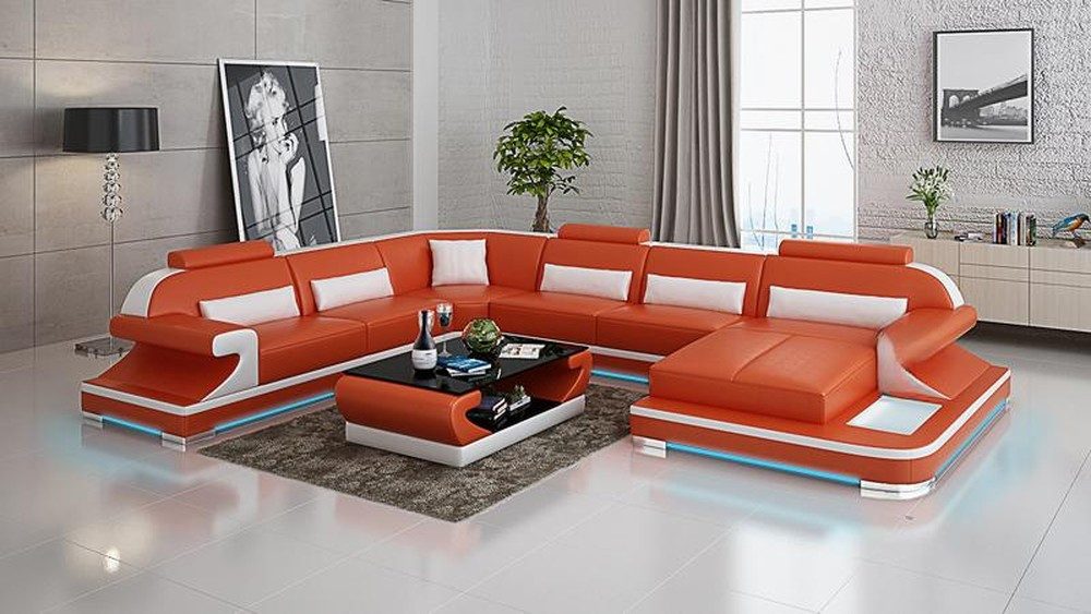 Ecksofa Moderne Eckcouch aus Leder mit USB-Anschluss und Wohnlandschaft