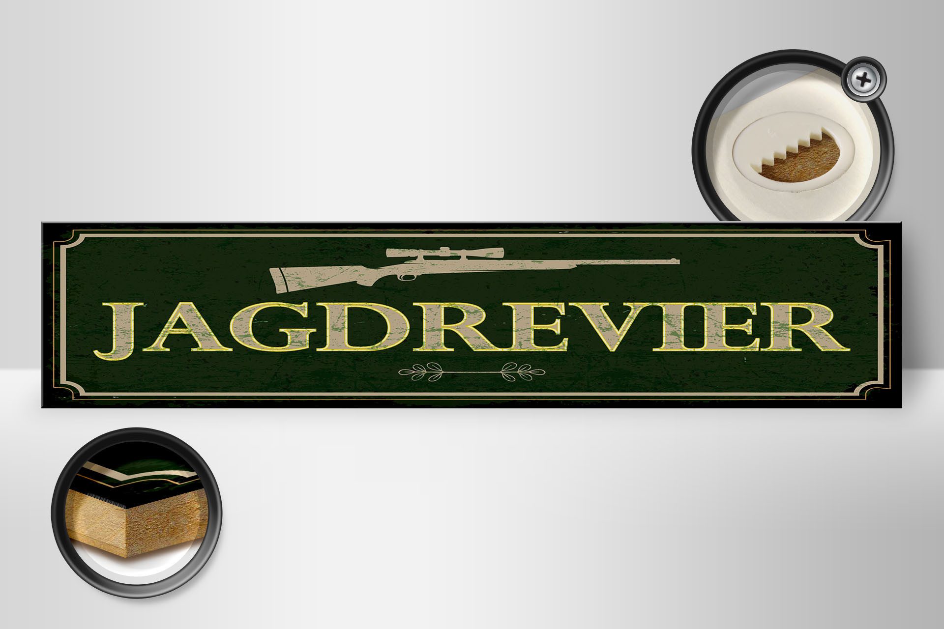Femer GmbH Holzbild Hinweis 46x10 cm Jagdrevier Jagdgewehr, (1 St), Glatte Holzfaserplatte (MDF), vorn beschichtet
