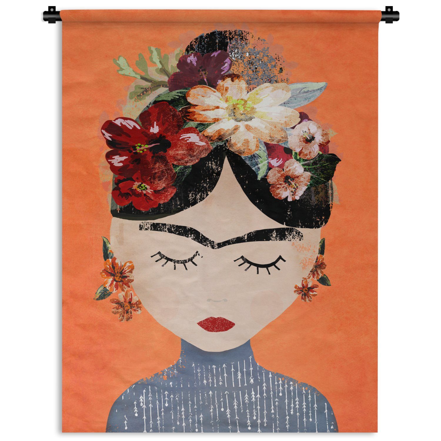 - Deko Orange an Tapisserie, der Wand, Kahlo MuchoWow - Wanddekoobjekt für Blumen, - Wohnzimmer, - Frida Porträt Schlafzimmer Frau