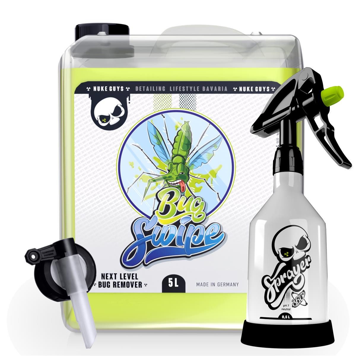 Nuke Guys Auto Insektenentferner 5 Liter Kanister - Bug Swipe Insektenentferner (Set, [3-St. Insektenentferner 5 Liter Kanister mit Dosierer und Sprühflasche - Sprühflasche - Ausgießhahn)