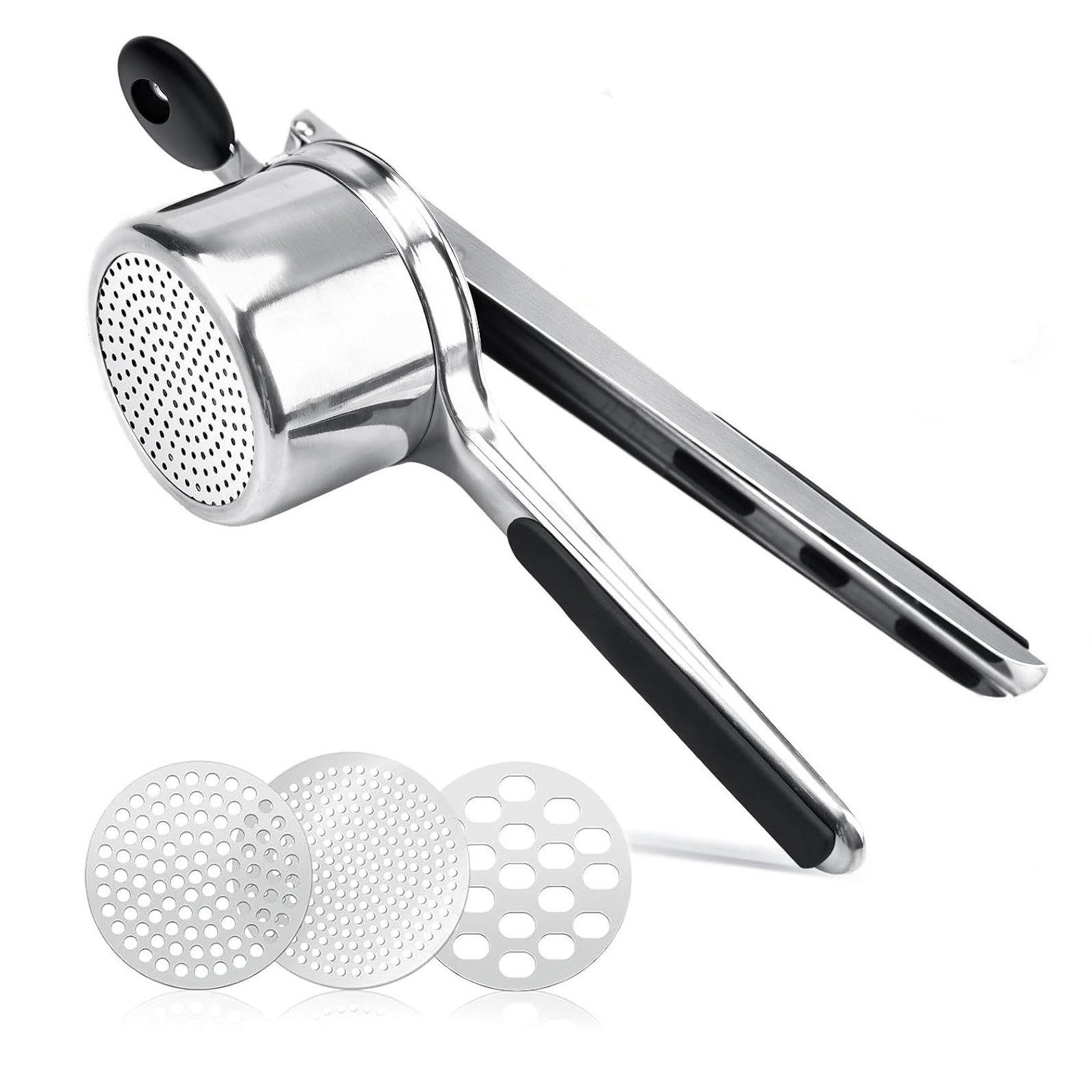 BlingBin Kartoffelpresse Edelstahl Kartoffelstampfer Spaghettieispresse Kartoffelpressen (1 St), Edelstahl, mit Rutschfestem Silikongriff&3 Lochscheiben für Kartoffelpüree,Püree