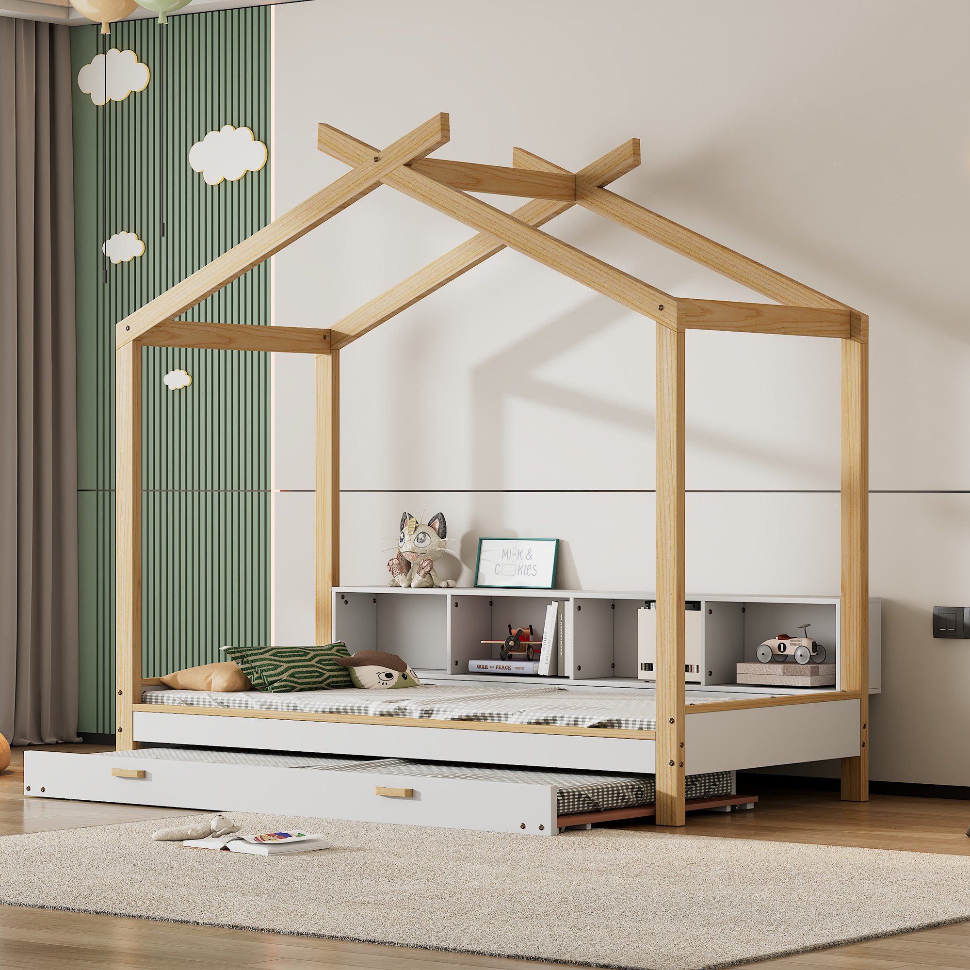 IDEASY Hausbett Robuste 90x200cm Holzbett mit 4 Regalfächern, ausziehbarem (set), Rollbett, Dachdesign, aus Kiefernholz, einfach zu montieren