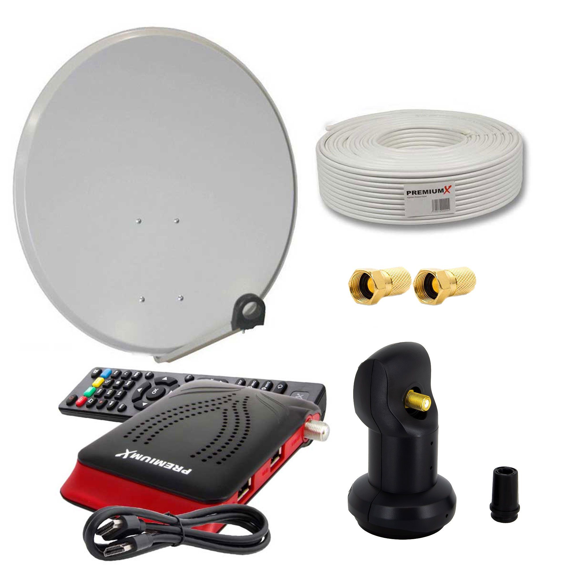 PremiumX Satelliten-Komplettanlage 60cm Single LNB 10m Sat-Kabel Sat-Receiver SAT-Antenne