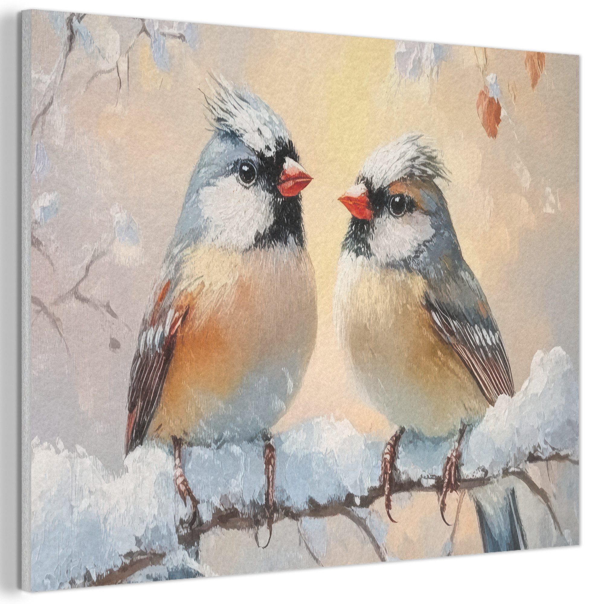 MuchoWow Gemälde Vögel - Zweig - Winter - Schnee, Fotodruck (1 St), Akustikpaneele PET-Filz, Akustikbild, Schalldämmung, Deko 40x30 cm