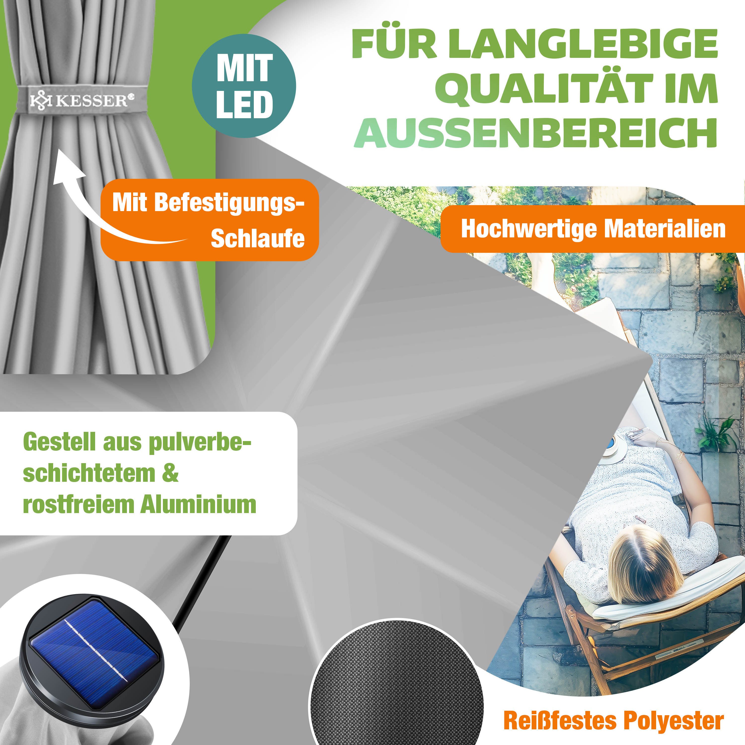KESSER Ampelschirm, Ø350cm Sonnenschirm inkl. Abdeckung & Wind- & wetterfest