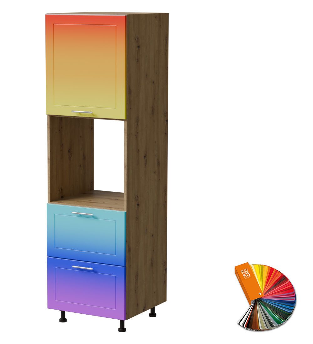 Feldmann-Wohnen Backofenumbauschrank Bari (D14/RU/2M-356, 1 Gerätefach, 2 Schubladen, Blum Metabox Teilauszug, 1-St., moderne Kassettenoptik, lackierte Fronten, 60x59x207cm) Eiche Artisan / RAL Wunschfarbe matt (K5)