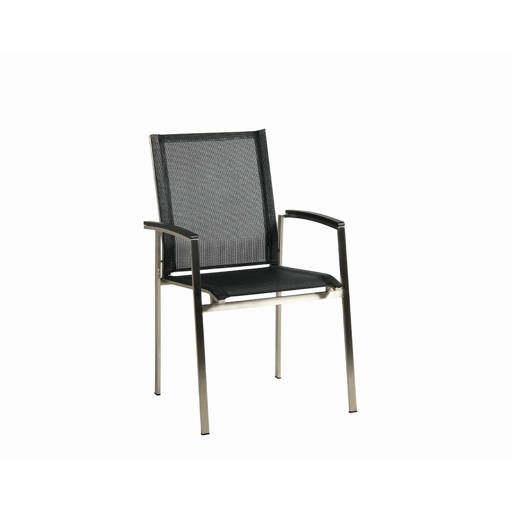 acamp Stapelstuhl 6er Set Stapelsessel Gartenstuhl Edelstahl stapelbar Outdoor (atmungsaktives Acatex Gewebe wetterfest pflegeleicht), Edelstahlgestell gebürstet mit Polywood Armlehnen