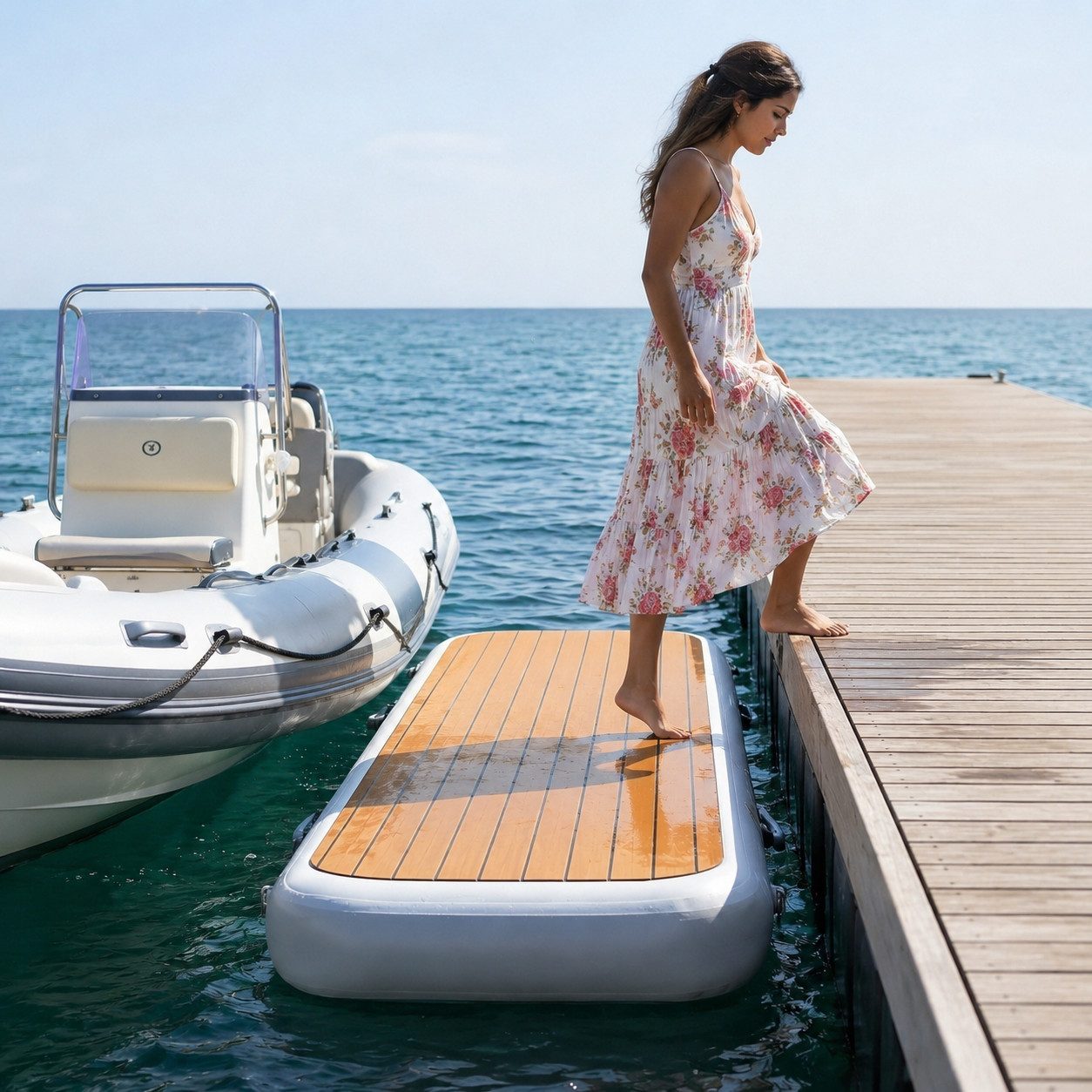 e4fun Inflatable SUP-Board aufblasbare Gangway, EVA Belag, Teak Optik, Pumpe, Tragetasche,Rep.set