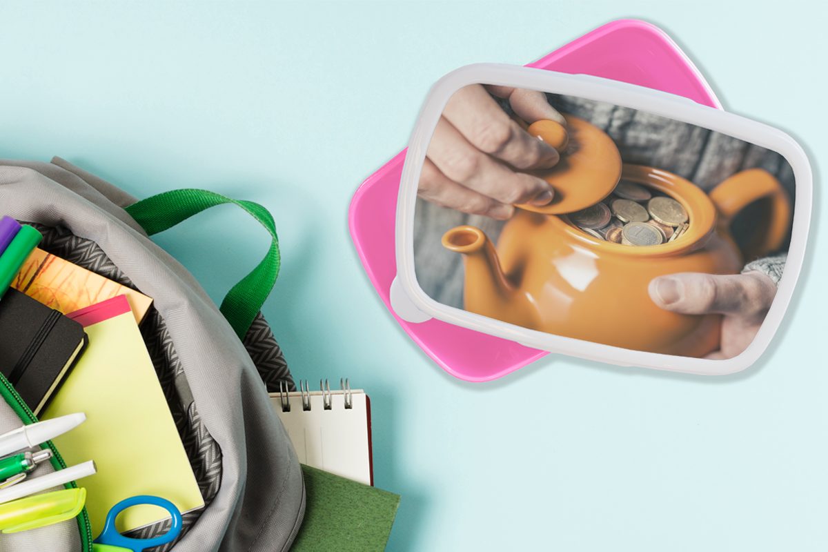 Kunststoff, Brotbox für Lunchbox gefüllt MuchoWow mit Mädchen, Orangefarbene Kunststoff rosa (2-tlg), Erwachsene, Brotdose Kinder, Teekanne Münzen, Snackbox,