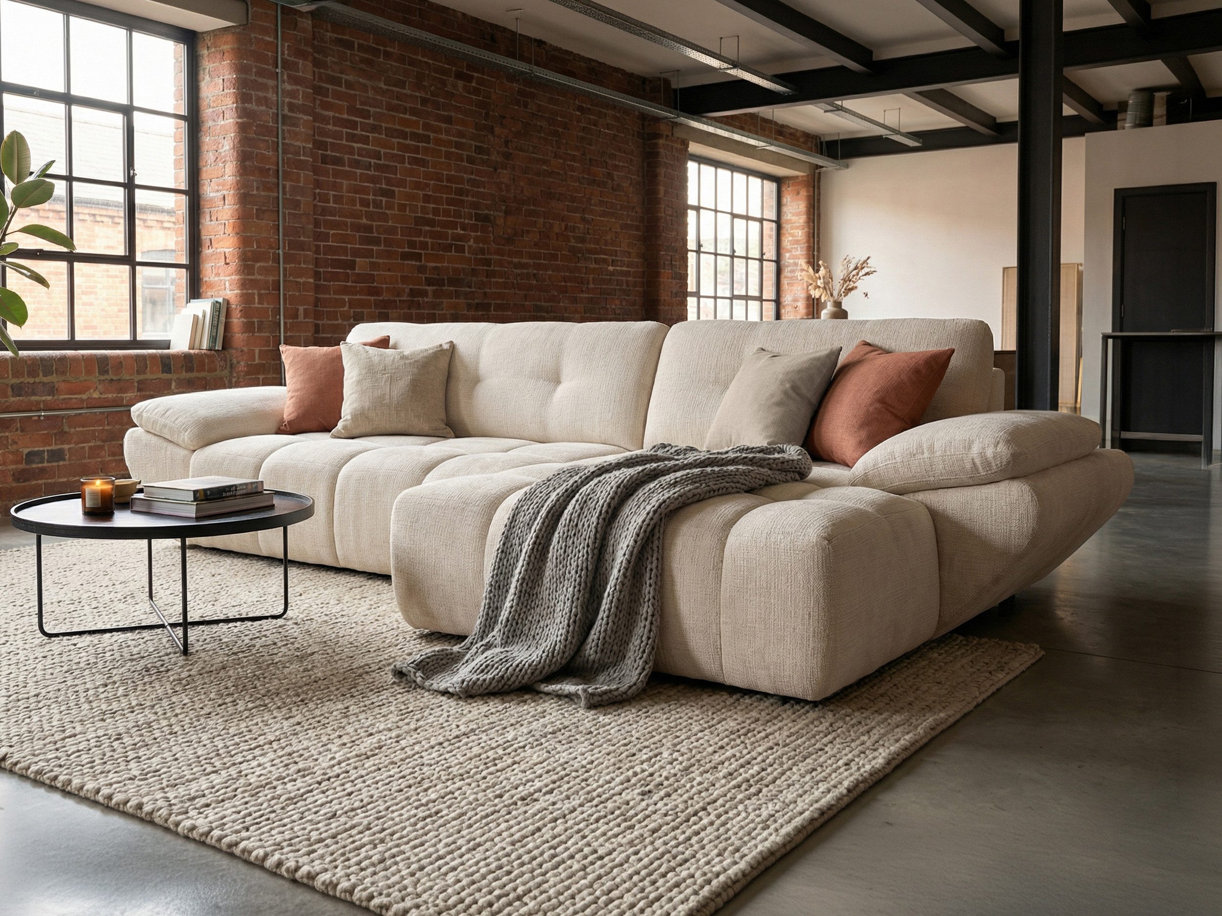 Massivart® Ecksofa weicher Bouclé creme 308 cm / elektr. Sitztiefenverstellung »HUGO«, Ottomane B 144 cm, Nosagfederung, inkl. 2 Zierkissen