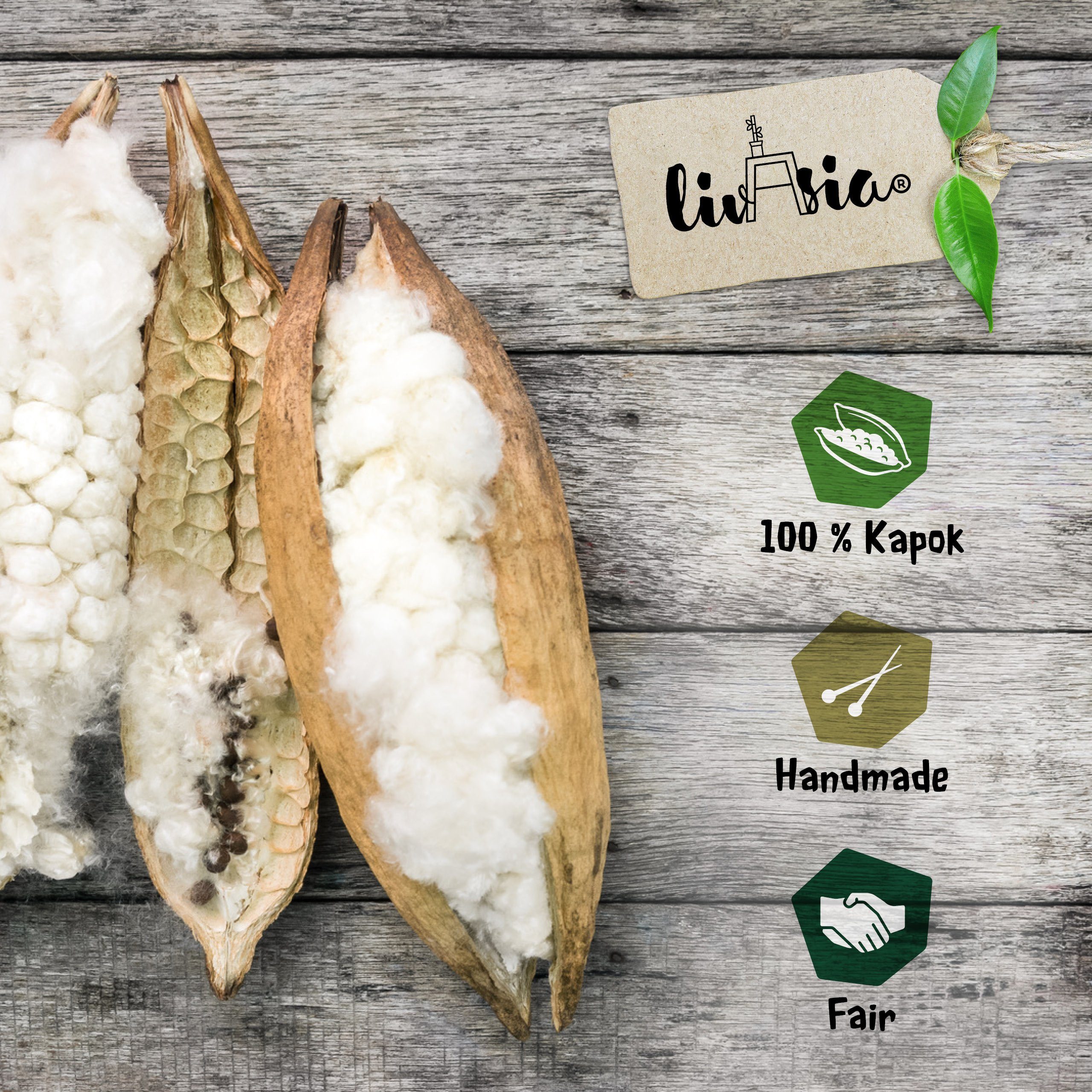 livasia Sitzkissen Sitzkissen 35 cm, vegan und handgefertigt, 35x35x6cm, Kapok