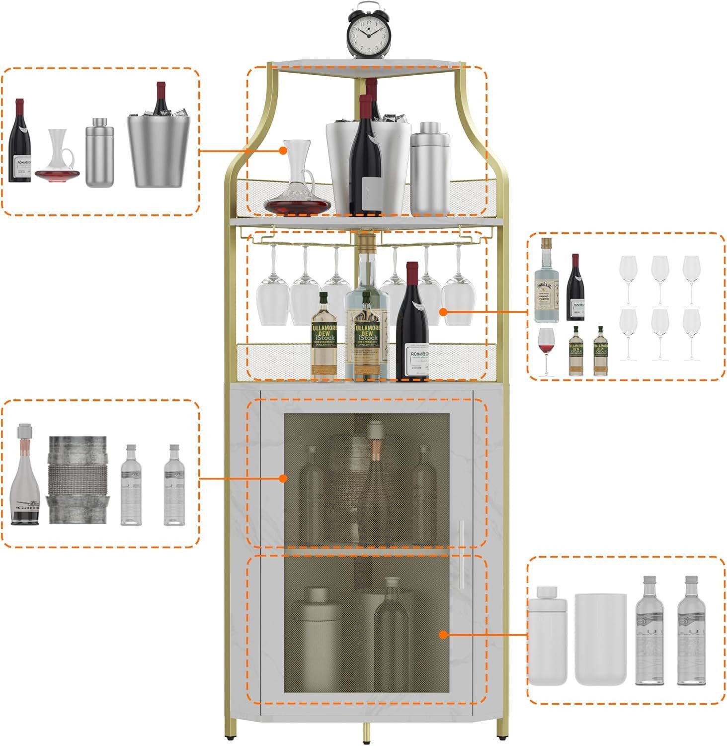 GarveeMore Eckschrank 5-stöckiges mit Glasständer und verstellbaren Regalen,47x32x154cm industrielles Eckschrank,Weinschrank mit Türen aus Metallgitter fürbar