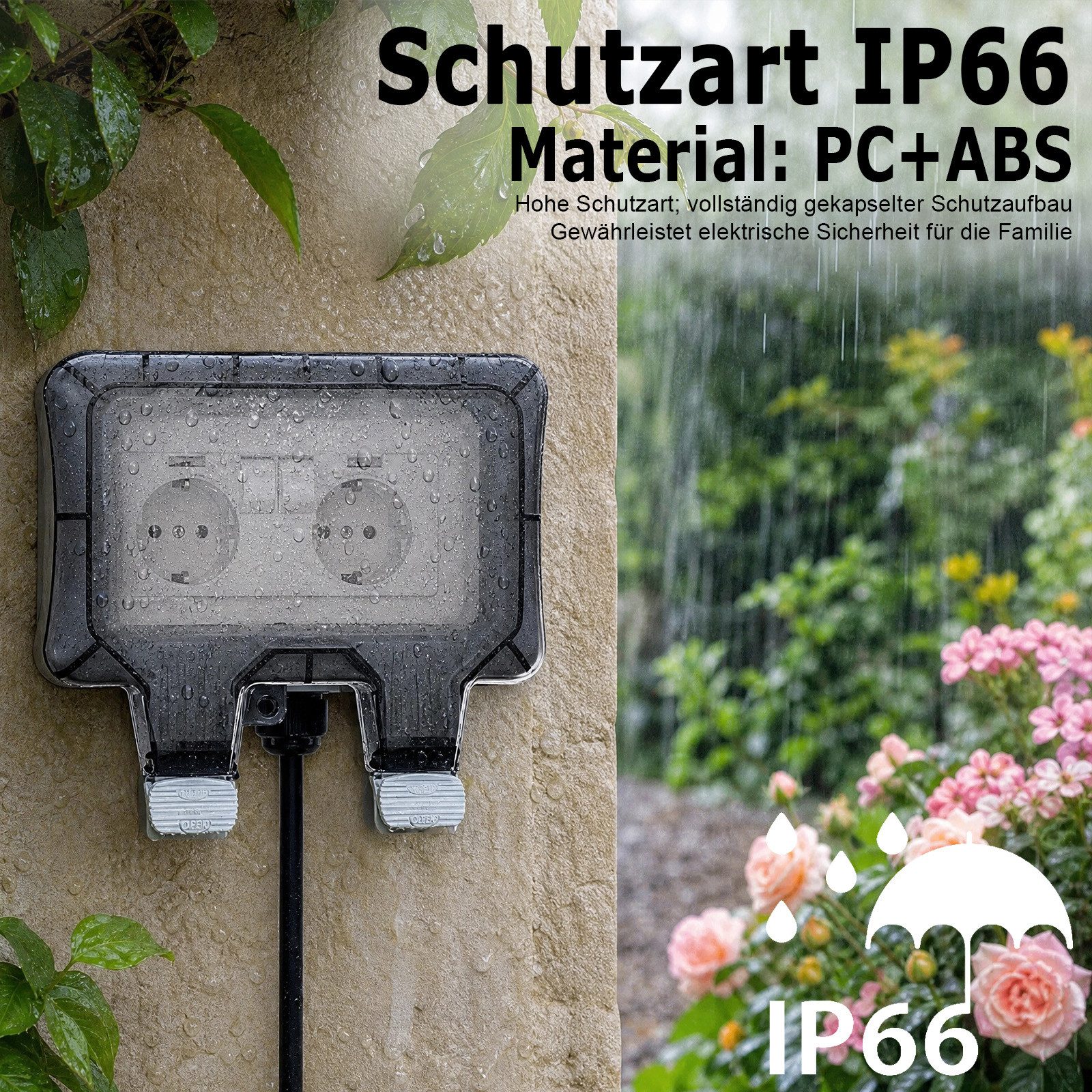 AKKEE Gartensteckdose Außensteckdose Steckdose Garten IP66 Wasserdicht Mit 3M Kabel, 2 Fach Outdoor 16A Gartensteckdose mit Klappdeckel