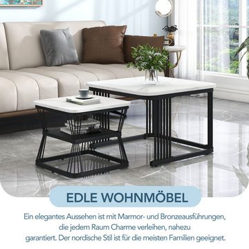 REDOM Couchtisch und 2er Set, Beistelltisch für Schlafzimmer Balkon (2 Tische mit den Maßen, 65x65x45 cm und 45x45x39,5 cm), PVC in Marmoroptik, schwarz matt Stahlrohre