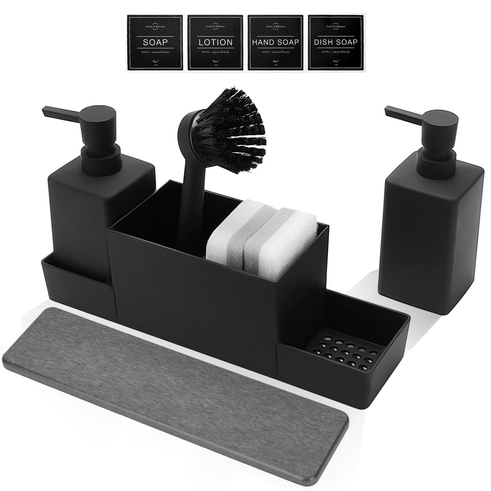 Lumkudos Küchenorganizer-Set 350ML Spülbecken Organizer mit Bürste, Seifenspender Spülschwamm, (4-tlg., Flaschen*2, Schwämme*2, Tablett*1, Pinsel*1, Aufkleber, Matte*1), Spülorganizer mit Zwei Seifenspender, Küchengadget Organizer