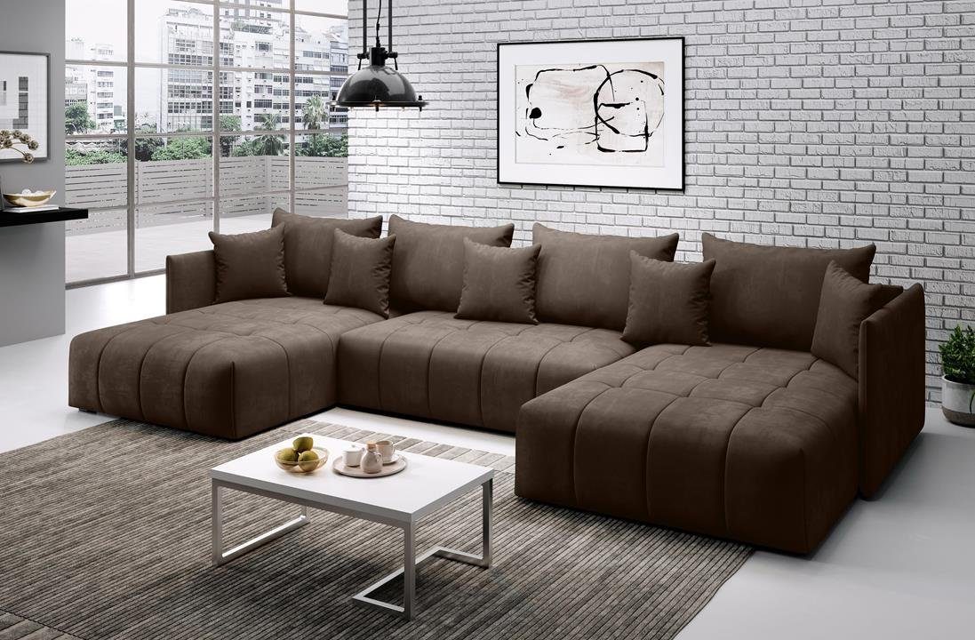 Furnix Ecksofa U-Form-Sofa ASVIL mit Schlaffunktion und Bettkasten, Farbauswahl, B353 x H80 x T180 cm, Made in Europe Braun MH20