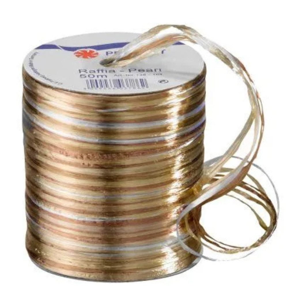 PRÄSENT Geschenkband PRÄSENT Pearl Geschenkband Raffia glänzend braun/beige/gold, 5 Bänder – 1 Spule, edler Glanz