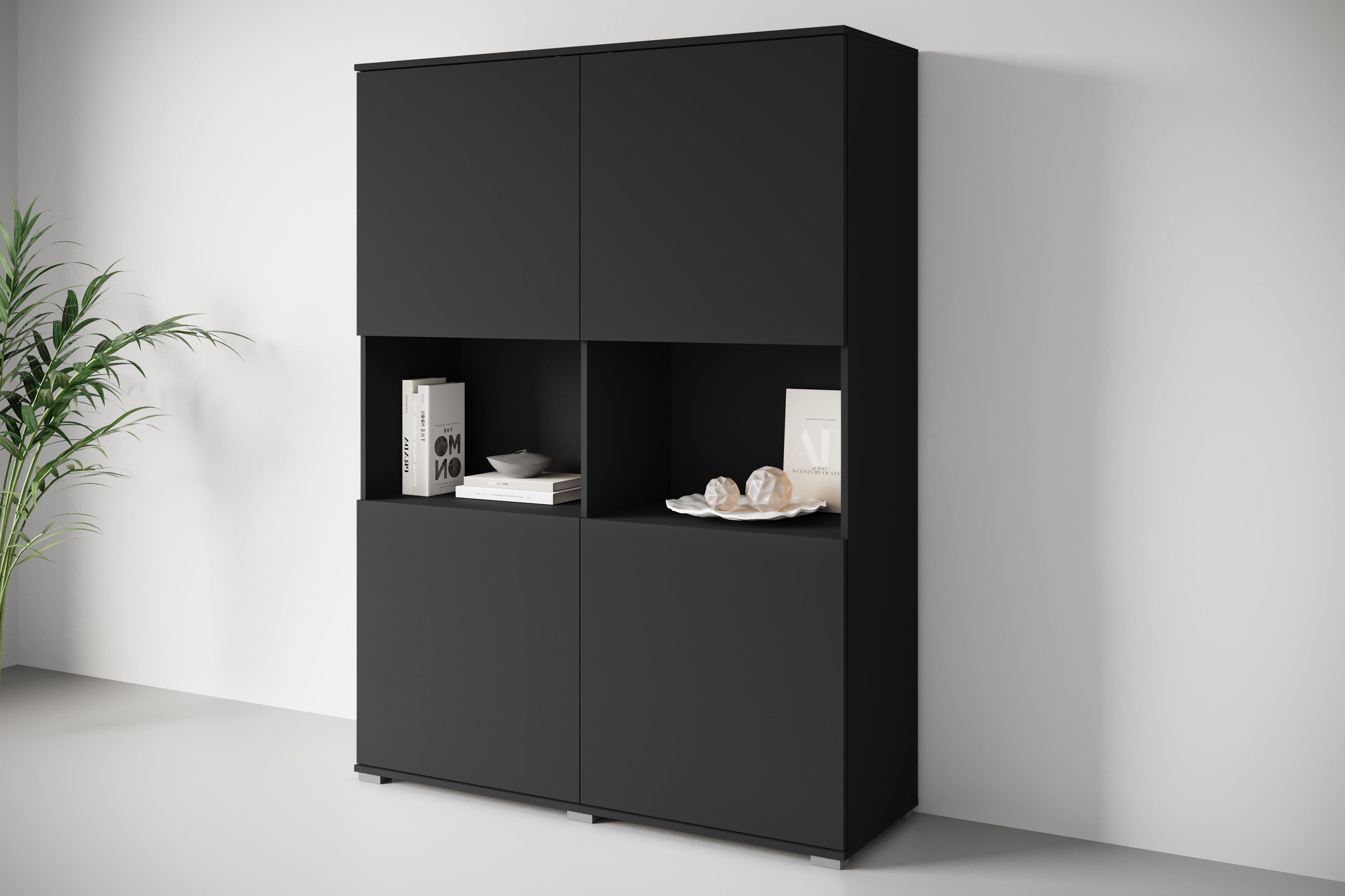 OTTO home Highboard Kenia Schrank, 120 cm breit, mit 4 Türen und 2 offenen Fächern (1 St), Griffloses Design mit Push-to-Open und verstellbaren Einlegeböden