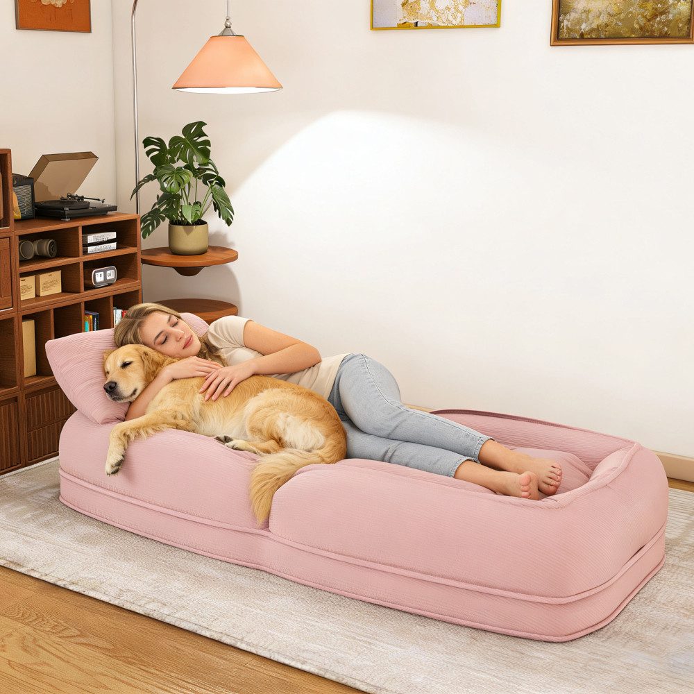 BBG Klappbett Klappbares Sofabett für Erwachsene, 5-fach verstellbare Relaxliege mit 2 Kissen, bequeme Bodenliege aus Cordstoff