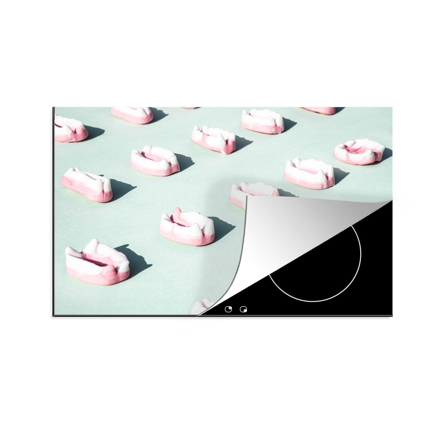 Süßigkeiten 81x52 die tlg), Herdblende-/Abdeckplatte einem cm, auf Hintergrund, Induktionskochfeld Schutz für MuchoWow (1 Vinyl, mintgrünen Ceranfeldabdeckung küche,