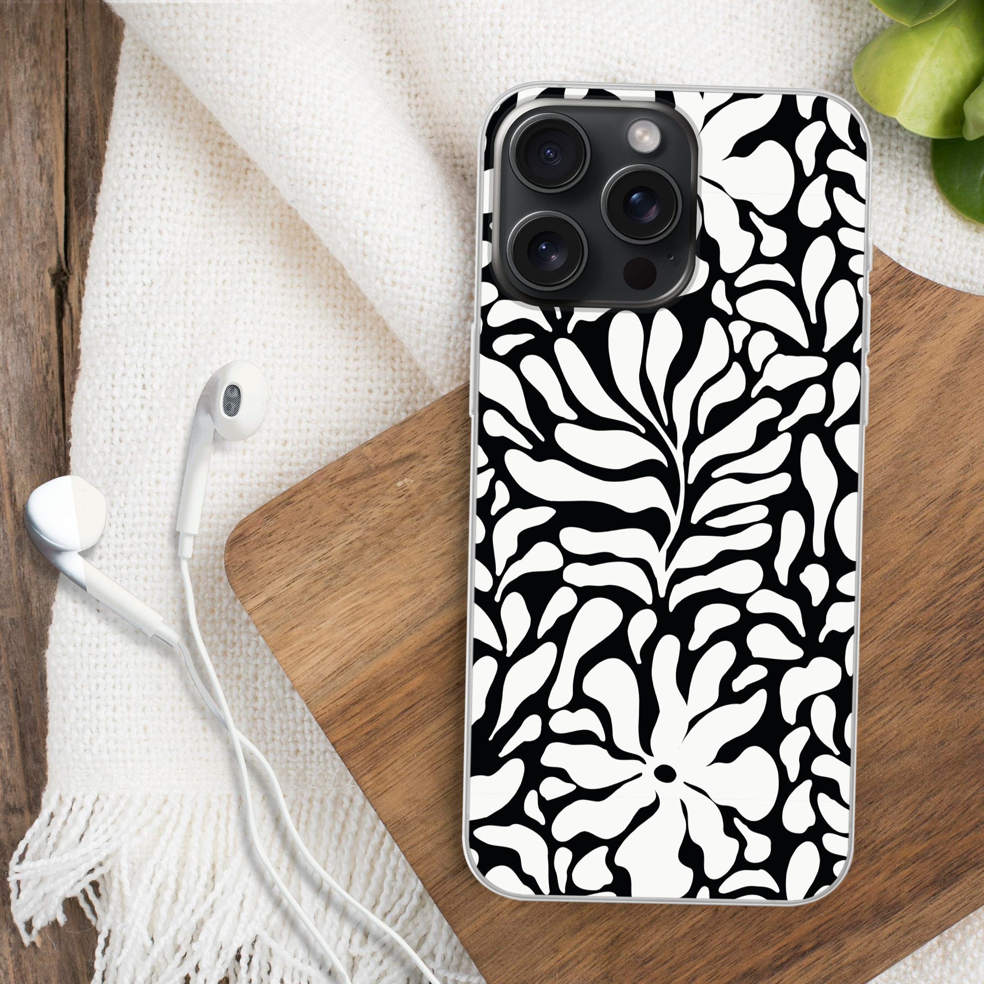 MuchoWow Handyhülle für Apple iPhone 15 Pro Max Blumendruck - Schwarz - Weiß - Blätter, Smartphone-Bumper, Print, Handy Schutzhülle Dünn