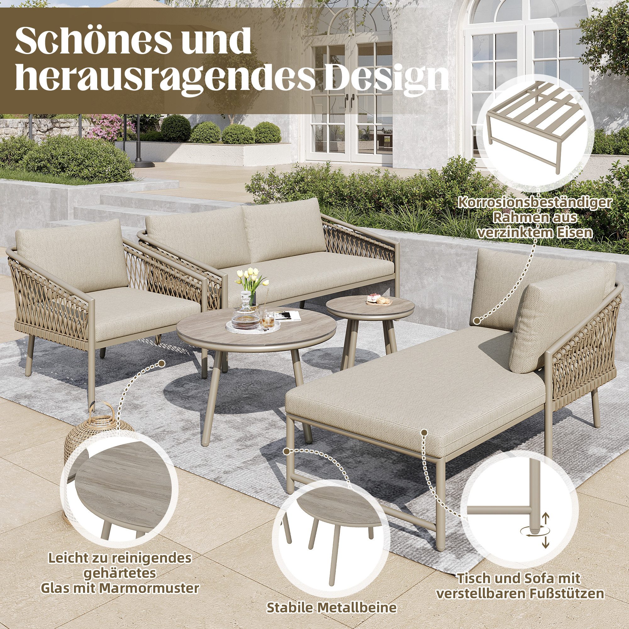 Flieks Gartenlounge-Set, 5-Sitzer Gartenmöbel aus Seil, Doppelsofa Liegesofa Sessel Couchtisch